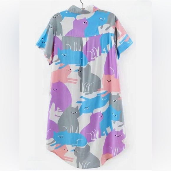 Pastel Cat Print Short Sleeve Collared Button Down Tunic/Shirt Dress Sz. S - Picture 12 of 12